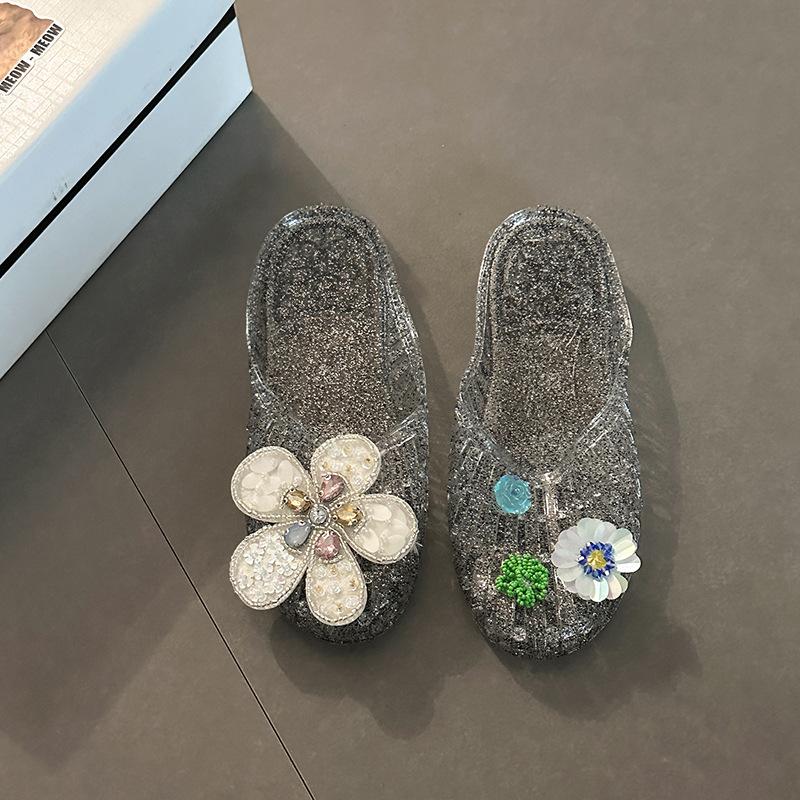 Mode mångsidiga tofflor strass blomma kristall väska huvud tofflor dam sommar designkänsla hem geléskor coola tofflor