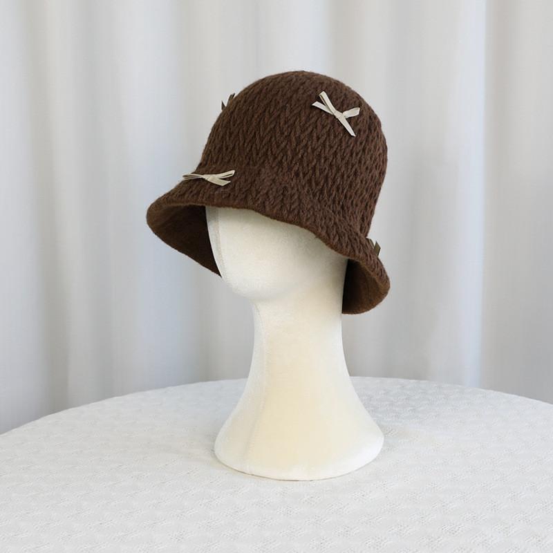 

Autumn Winter Knitted Bucket Hat With Bow For Womens Casual Fashion кавовий