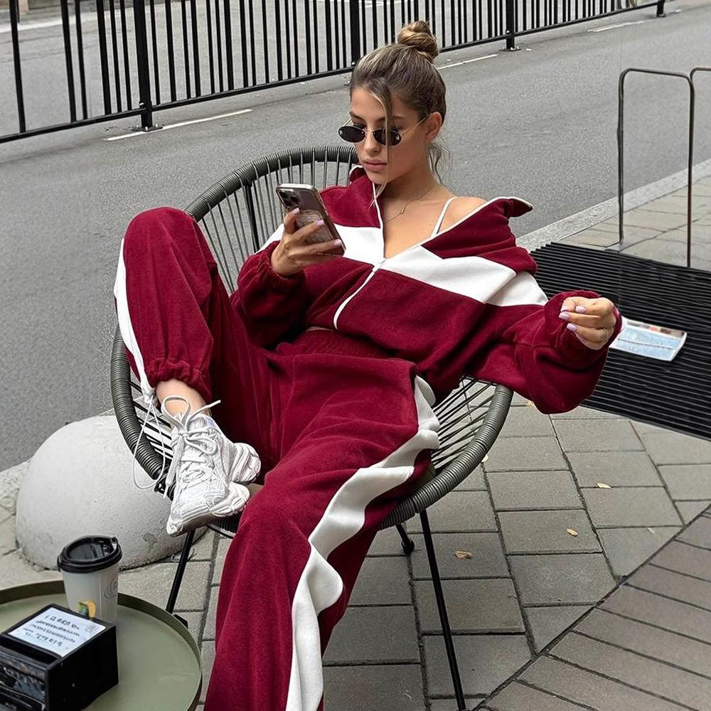Fashion European and American suits Casual sports suits Zipper cardigan trousers Two-piece suit Women