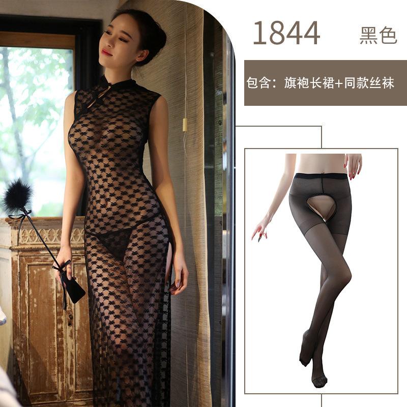 Sex Underwear Sexy Lace Classic Button Cheongsam Side Slits Perspective Breast Sex Uniform Temptation