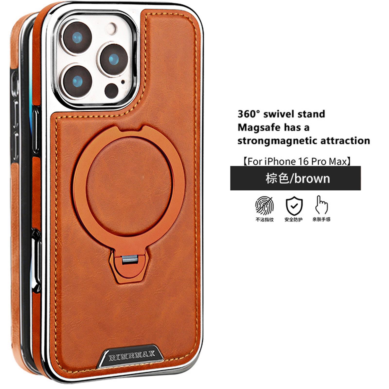 

Magnetic Rotating Bracket Leather Case for iPhone 16 Pro Max 17 Air 16e 15 Plus 14 Pro 13 12 11 Wireless Charging Plating Cover iPhone 11 Pro коричневий