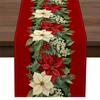 Merry Christmas Poinsettia Holly Berry Linen Table Runner Party Decor Washable Winter Dining Table Runners Christmas Decorations