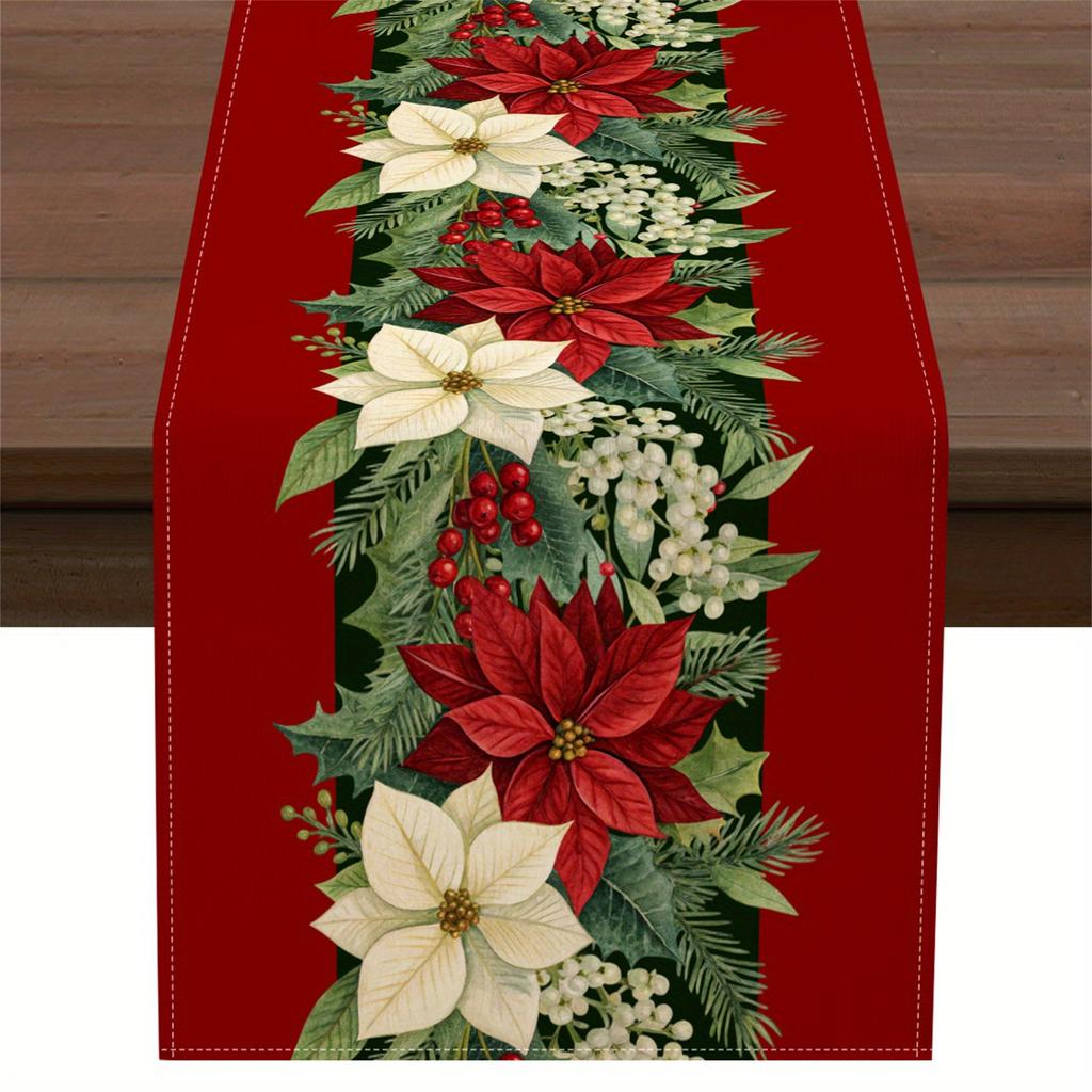 Merry Christmas Poinsettia Holly Berry Linen Table Runner Party Decor Washable Winter Dining Table Runners Christmas Decorations