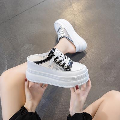 Casual Women's Shoes Summer New Half Slippers Bag Head Outer Wear Heightening Sandals Mesh Yarn Breathable Thick-soled Muffin Shoes Trendy