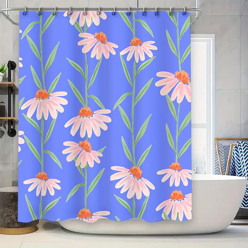

Delightful Pink Floral Shower Curtain Waterproof Polyester Decoration For Bathroom Blue With Flowers Pattern W60H190(CM)-1 Pcs