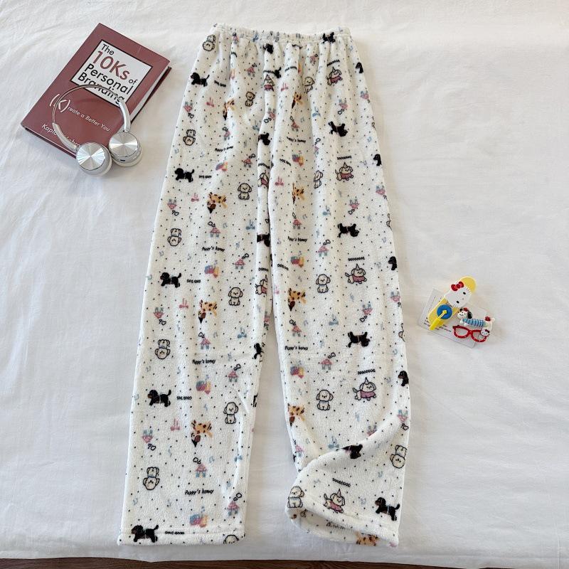 Hello Kitty Coral Fleece-Lined Flannel Pajama Pants for Women - Warm Autumn/Winter Style