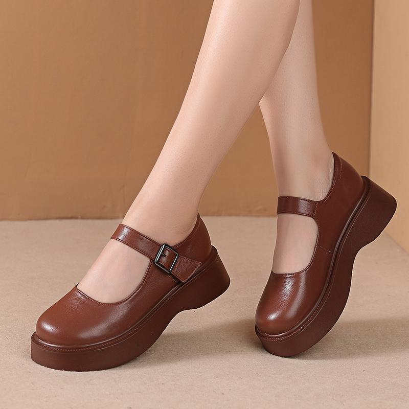 Fashion GKTINOO Women Shoes Flat Platform Cow Leather Mary Janes Round Toe Buckle Strap Ladies Daily Flat Shoes Handmade Large Size