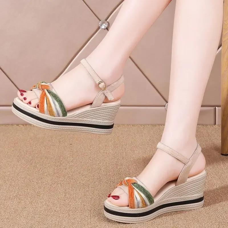 Fashion Ladies Shoes Orthopedic Summer 2025 Roman Style Footwear with High Heels Sandals for Women Leather Wedge Heel Asian Size Comfort