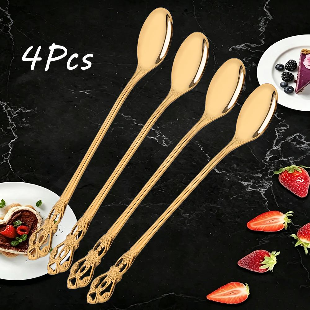 4Pcs Stainless Steel Long-Handled Ice Teaspoon Coffee Spoon Ice Cream Stirring Spoon Kitchen Accessories Tableware Set