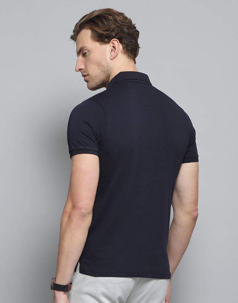 Monte Carlo Mens Printed Navy Blue Collar Neck Half Sleeve T-Shirt