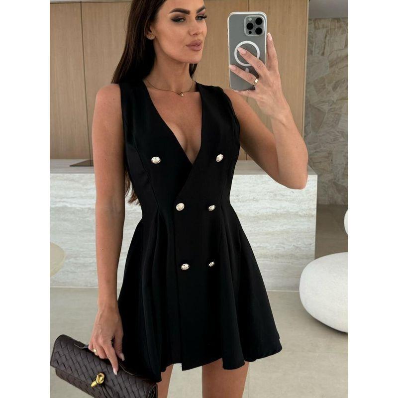 Summer New European and American Fashion Commuter Ol Deep V-neck Double Breasted A Word Sleeveless Vest Dress Skirt DRESS