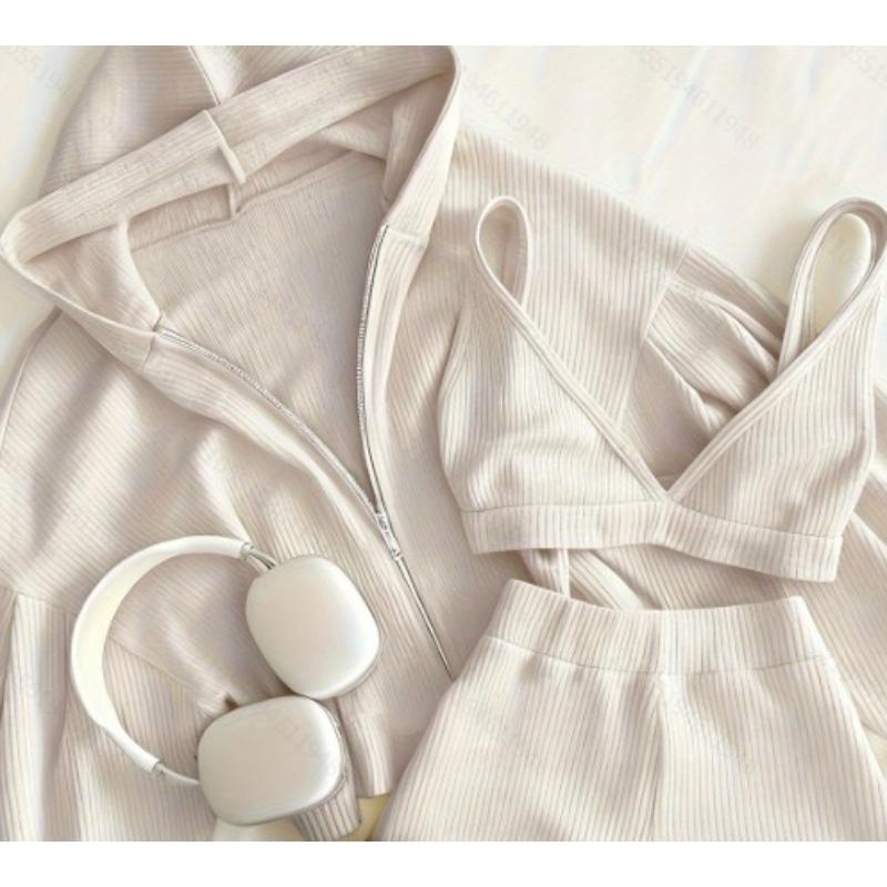 Set hanorac scurt cu nervuri și pantaloni scurți pentru femei în cinci culori