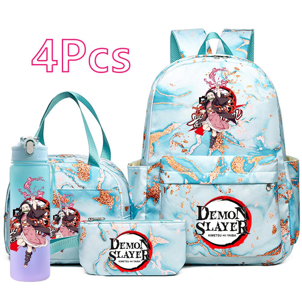 4-teiliges Set mit aufgedrucktem Demon Slayer-Cartoon-Rucksack, Handtasche, Federmäppchen und 750-ml-Trinkflasche für Teenager (Jungen und Mädchen) – große Kapazität, wasserdichter Schulrucksack