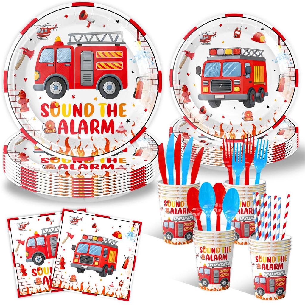 Fire Truck Theme Party Supplies: Disposable Cups, Napkins, Tablecloth, Banner and Decorations