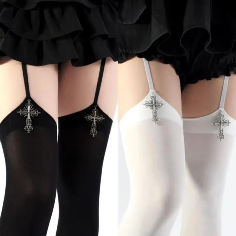 Personality Cross Decoration Women Suspender Socks Solid Color Thin Thigh High Lolita Anime Cosplay Gothic Over Knee Stockings