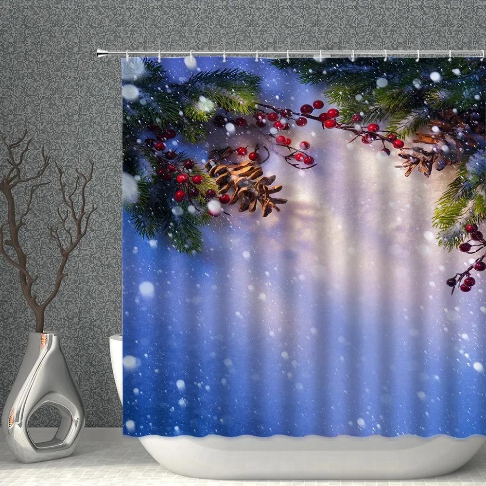 ChristmasTree Bells Shower Curtain Set Happy New Year Waterproof Polyester Cloth Curtains With Hooks Bathroom Home Decor