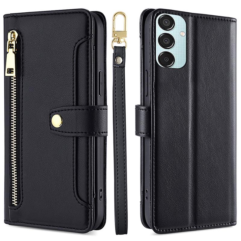 For Samsung Galaxy M15 5G Leather Case Wallet Zipper Phone Cover with 2 Straps