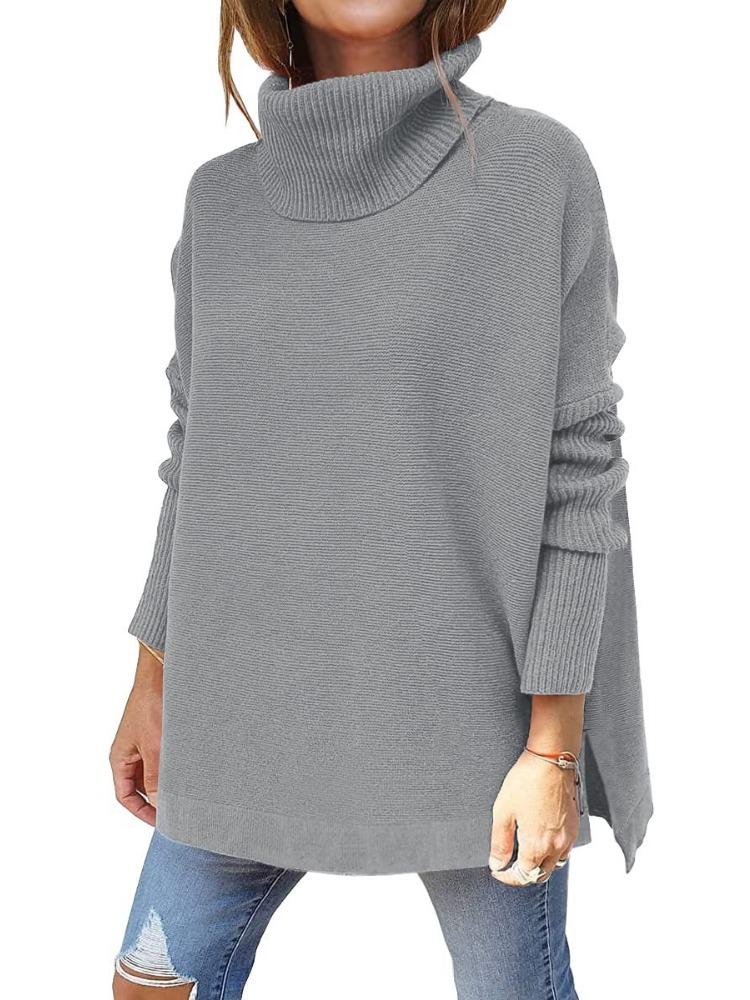 Women's Oversized High Neck Sweater Mid Length Batwing Sleeves Split Hem Waist Tied Pullover Luxurious Relaxed-fit Slimming and Versatile Top