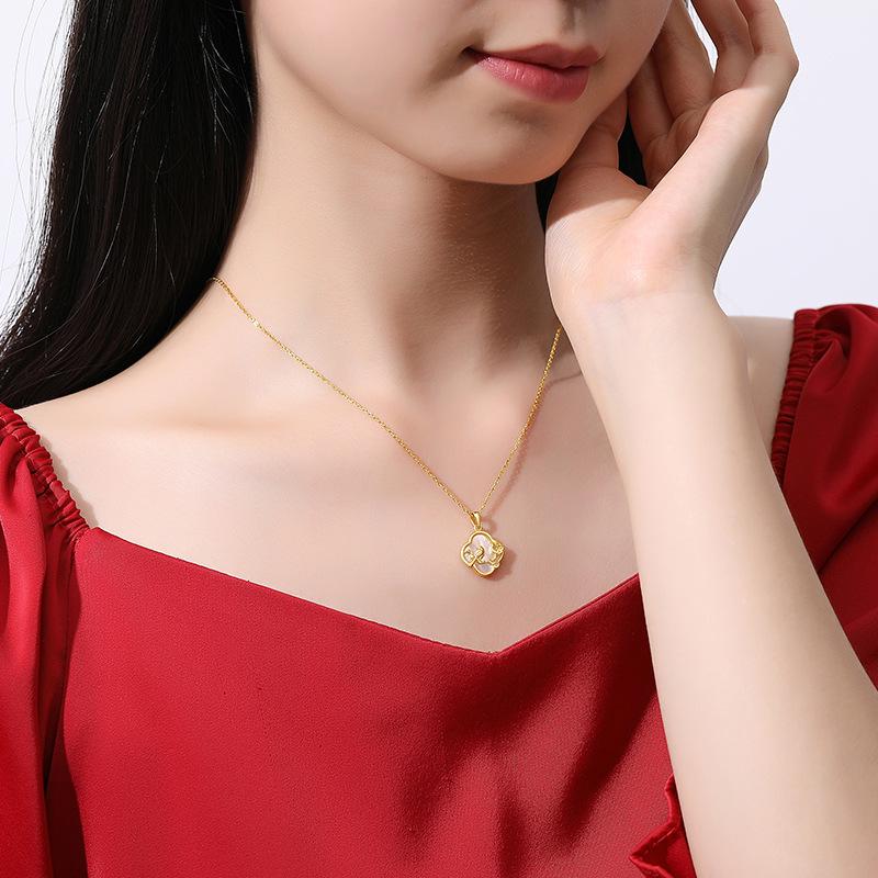 Ticia S925 Sterling Silver Joyful Eyebrows Necklace - Retro Chinese Style Shell Four-Leaf Clover Clavicle Chain for Women.