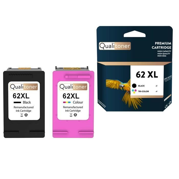 QUALITONER - 2 Compatible Cartridge for HP 62 XL + 62CL XL 62XL + 62CLXL Black + Color for HP DeskJet Ink Advantage 5645 Envy 554
