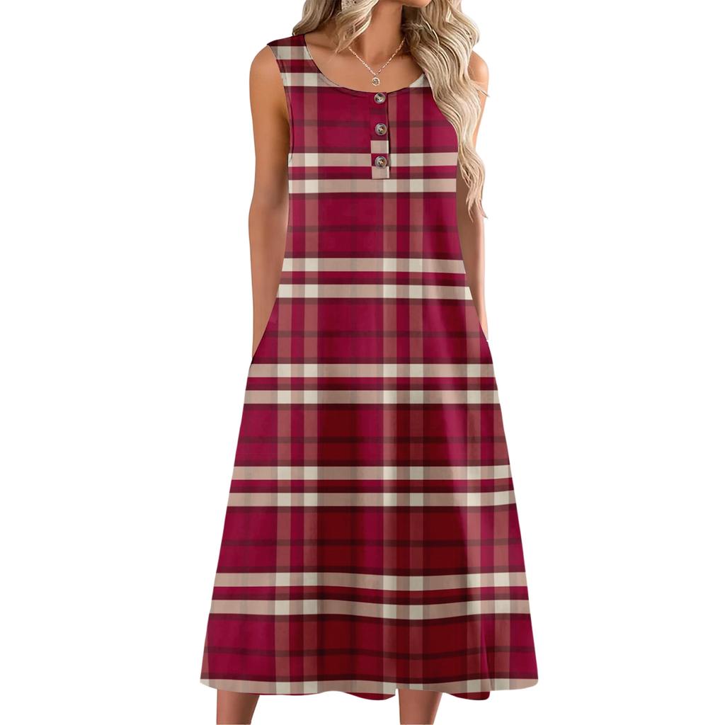Women's Fashion Casual Sleeveless Button Plaid Print Dress with Pocket