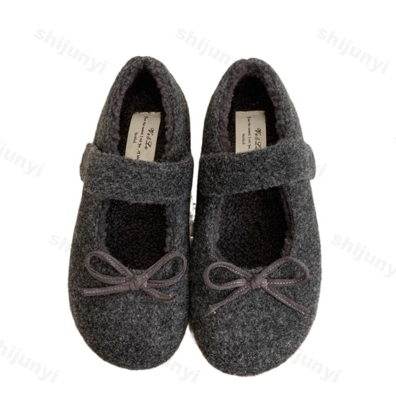 Women's Mary Jane Shoes 2025 Winter New Outdoor Bow Knot Plush Casual Shoes Lightweight Comfort Soft Sole Non Slip Flats