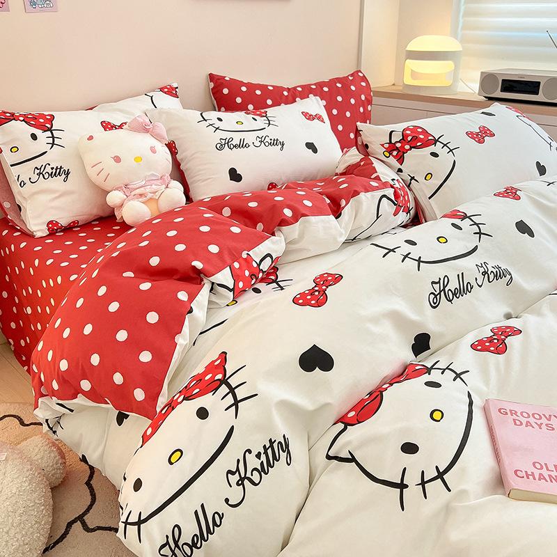 Hello Kitty All-Cotton Cute Cartoon Girl Fitted Sheet & Duvet Set - 4-Pc Dorm Style