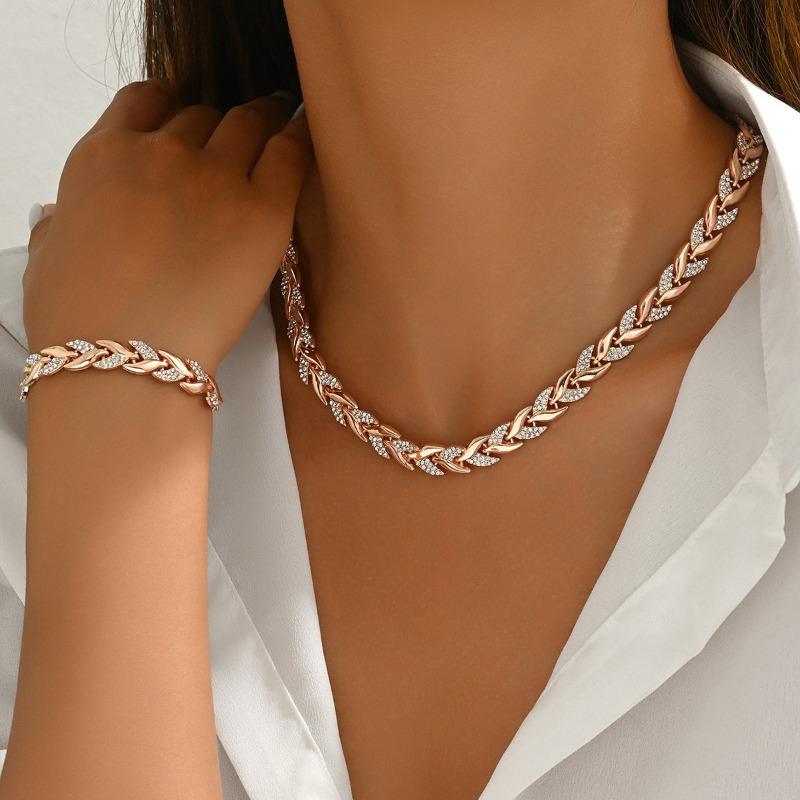 Personalized Willow Leaf Diamond Bracelet Necklace Set Glitter Full Diamond Banquet Party Jewelry