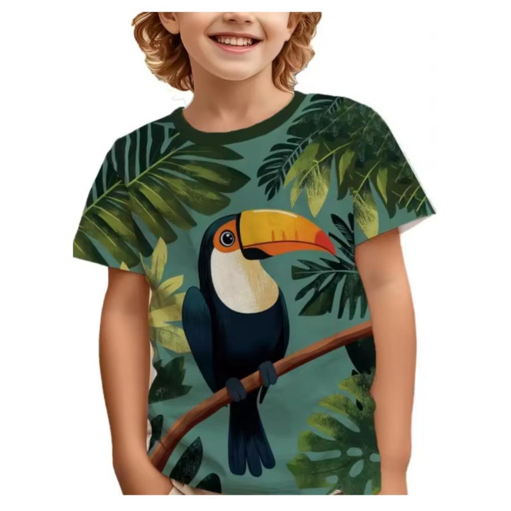 Fashionable Summer Children's T-shirt Parrot Beach Printing Soft Comfortable Breathable Round Neck Short Sleeved T-shirt