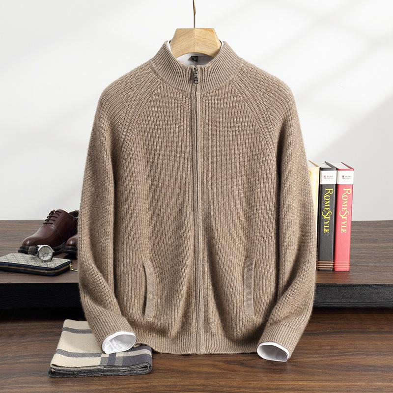 Men's Solid Color Cashmere Knit Cardigan - Autumn/Winter 2025, Loose, Soft, Comfortable, Zipper, Long Sleeve, Versatile.
