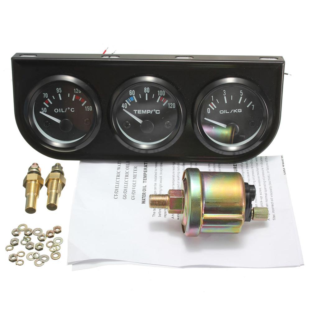 12V Universal 52mm Triple Kit Oil Temp Water Temp Temperature Oil Pressure Sensor Car Meter