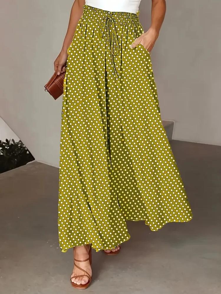 Summer Bohemian Wide-Leg Pants with Elastic Waist and Polka Dot Print Long Skirt Pants for Women
