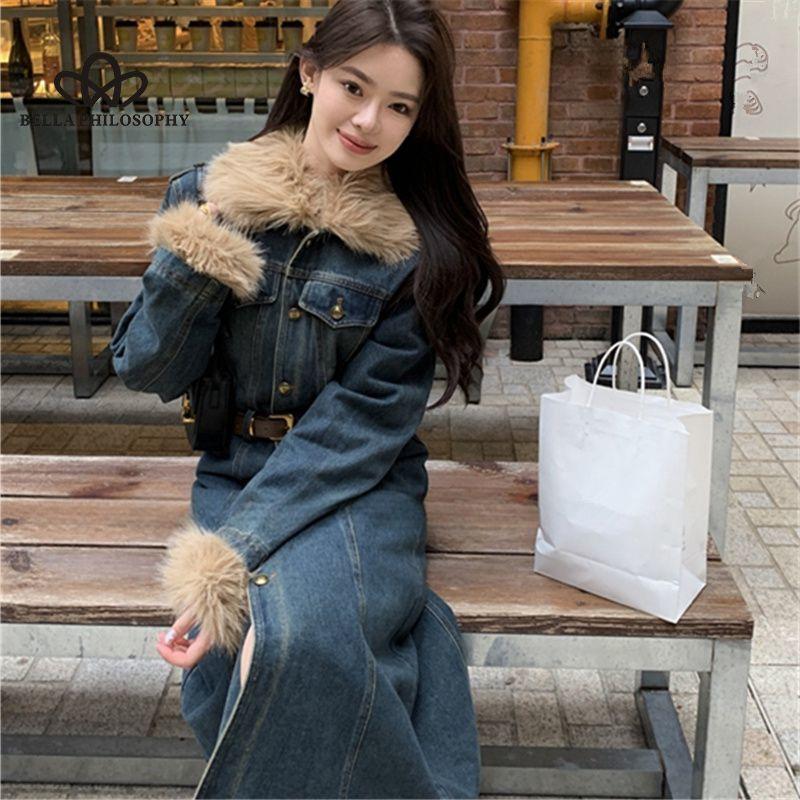 Robe en jean de coton épais à col pour femme, nouvelle collection hiver, manteau de style rétro, longue ligne A, style décontracté