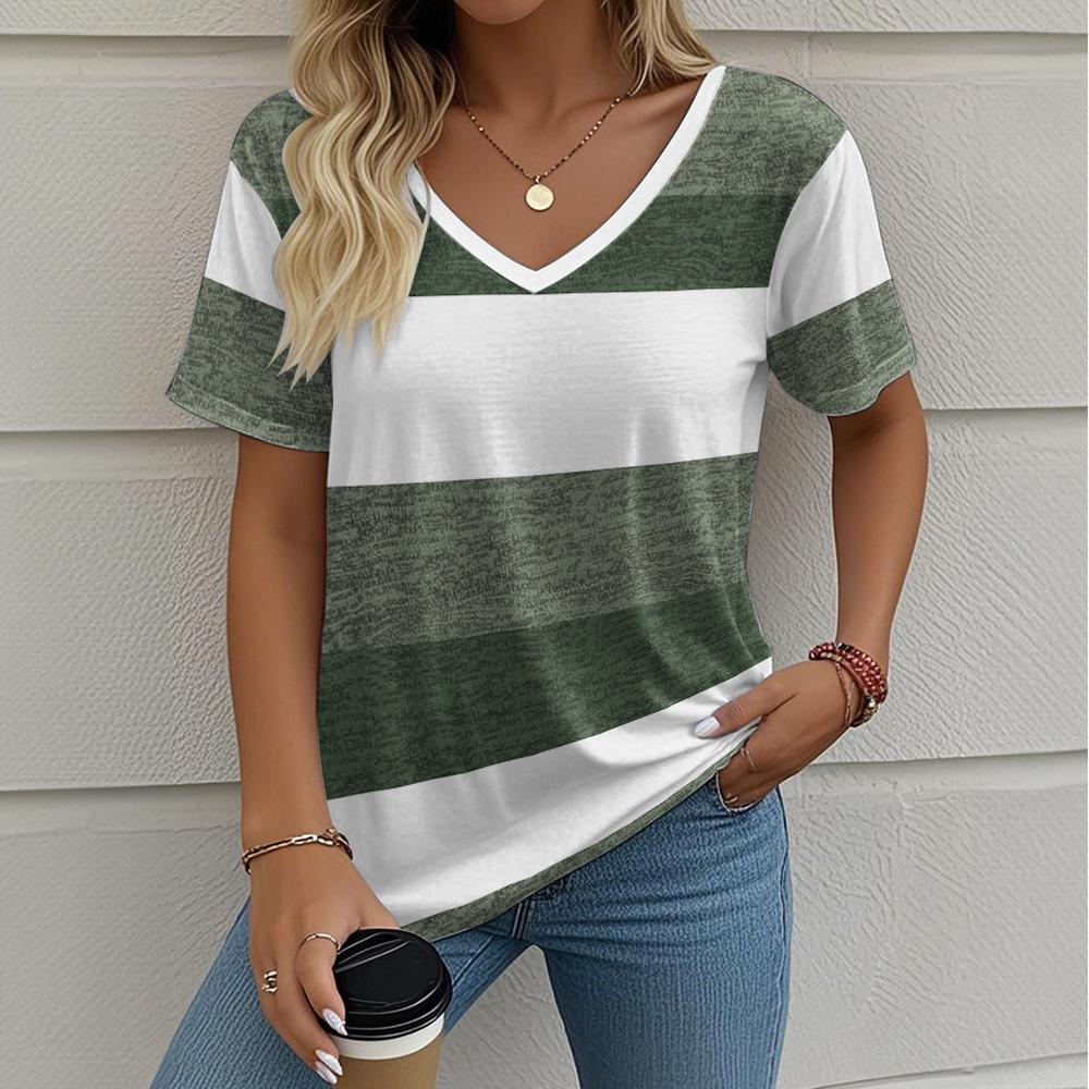 Summer Ladies Striped Printing Oversized T-Shirt Retro Fashion Casual V Collar Women Short-Sleeved T-Shirt