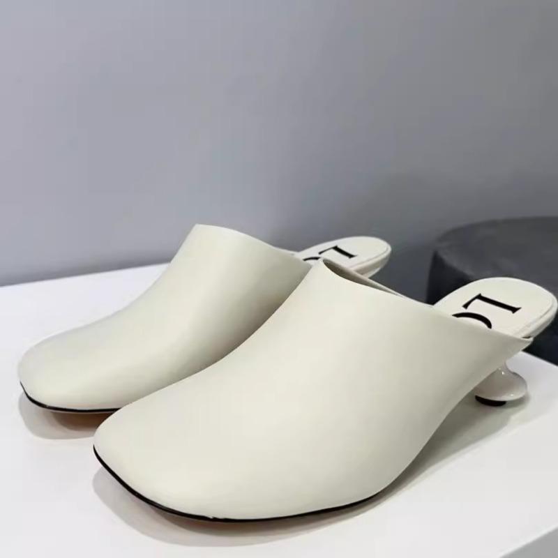 Fashion Spring New Baotou Slippers Women's Square Head Leather Deep Mouth Set Foot Anti-slip Wear-resistant Heel Shoes