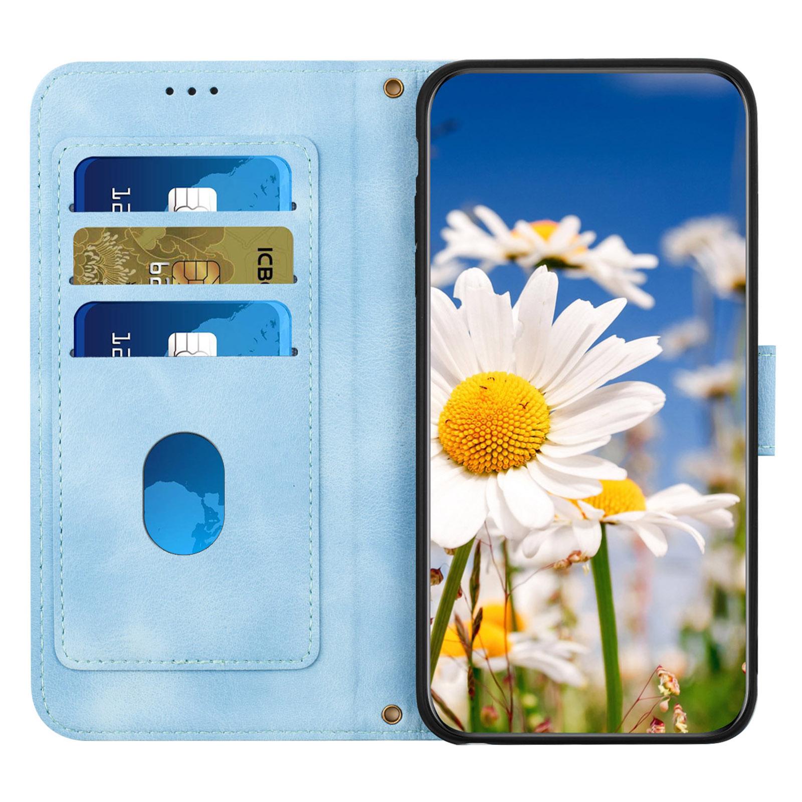 

For iPhone 16 Plus Case Card Slots Flower Pattern Flip Leather Phone Cover Baby Blue
