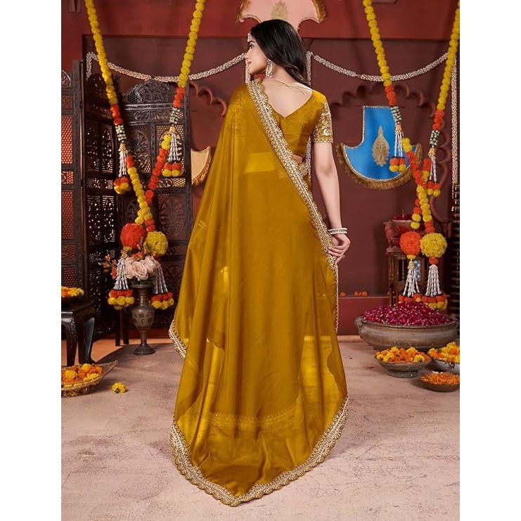 Elegante Designer-Sarees für Damen Premium Rangoli-Stoff mit verziertem Rand, Leichte und stilvolle ethnische Kleidung - Perfekt für Partys,