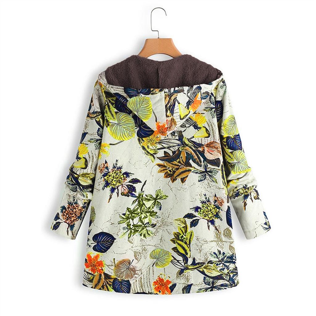Damen-Jacke mit langen Ärmeln, Reißverschluss und Kapuze, dicker Verbundplüsch, Vintage-Blumendruck, Übergröße mit Kapuze