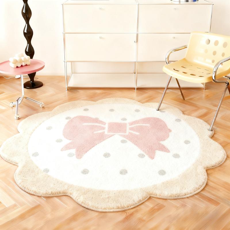 

Cream Style Carpets for Living Room Pink Bow Bedroom Decor Plush Carpet Fluffy Soft Ins Girly Rug Home Flower Shape Thicken Mat 80x80CM