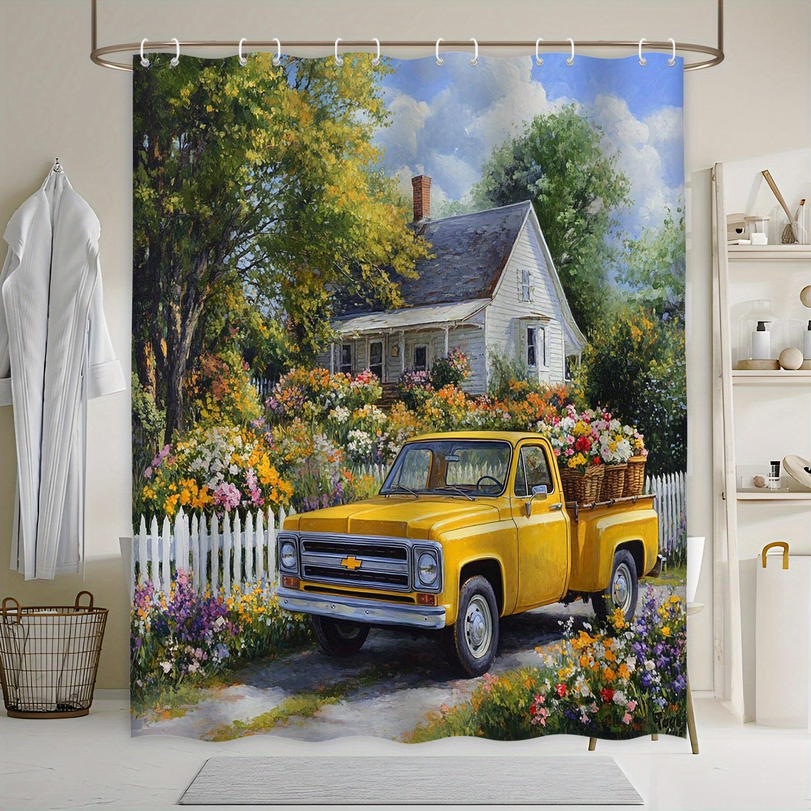 

Vintage Floral Truck Shower Curtain - 1950s Pickup with Flowers, White House & Garden, Polyester, Countryside Bath Decor W90XH180cm