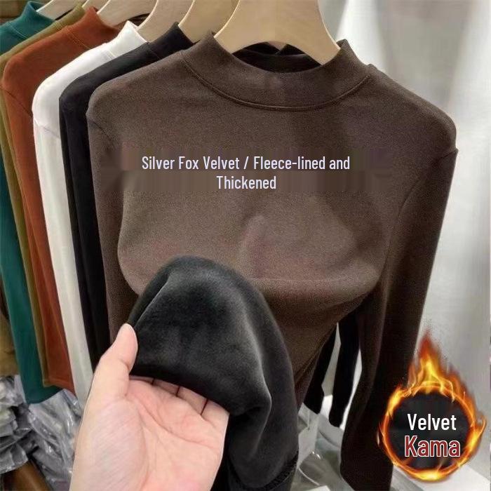 Women's Velvet Half-High Collar Long-Sleeve Base Layer Top for Autumn/Winter