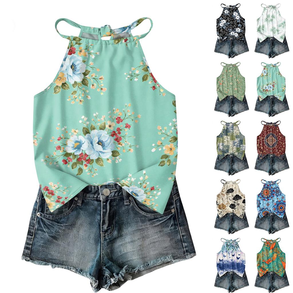 Damen ärmelloses Boho-Tanktop mit Blumendruck Verstellbarer Träger Lässige Sommerbluse Leicht Lockerer Schnitt