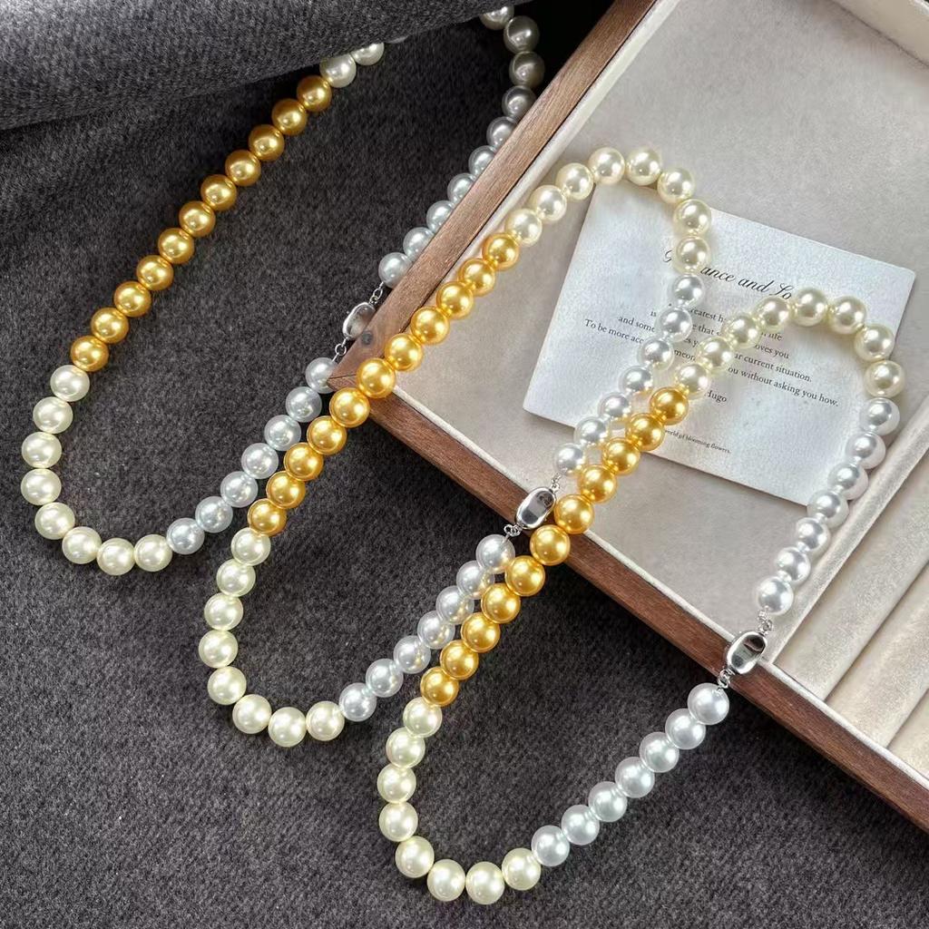 10Mm Retro High Quality Artificial Crystal Mixed Color Gradual Change Gold Pearl Necklace Collarbone Chain