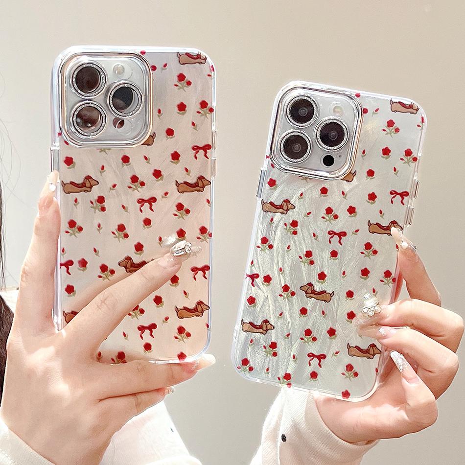 

Чехол с изображением щенка из перьевой пряжи и цветочным принтом для iPhone 15 14 13 12 11 Pro Max, гальванический защитный чехол для объектива с точным отверстием, чехол для телефона For iPhone 15
