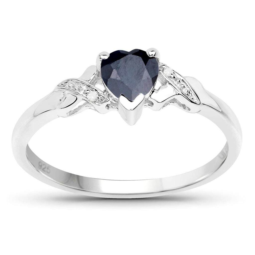 925 Sterling Silver Black Sapphire Heart Ring with White Diamond Accents Handmade Fine Jewelry Gift for Her