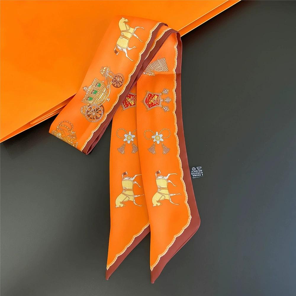 French Style Women Horse Printing Skinny Bag Scarf Luxury Twill Silk Foulard Ribbon Tie Head Scarves For Ladies