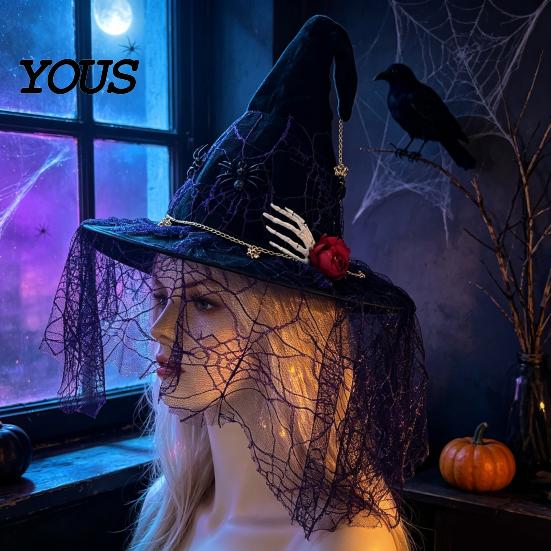 Decorative Seasonal Accessories Punk Skeleton Hand Witch Hat with Spider And Veil, Black Large Reusable Holiday Ornaments Wizard Costume Accessory for