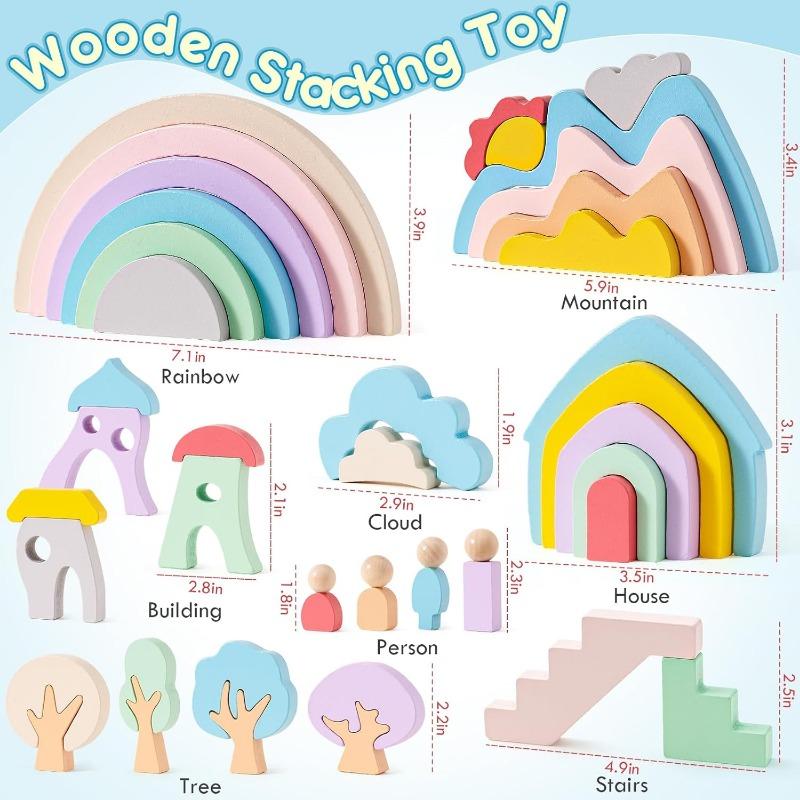 Wooden Rainbow Stacking Toys for Toddlers, 46 Pcs Stacking Building Blocks, Montessori Toys Birthday Gifts for Preschool Kids 3 4 5 Years Old