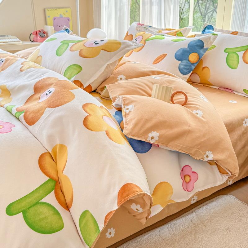 Cotton 4-piece Set Thickened Brushed Fresh Cotton Bed Sheet Quilt Cover Hats Models Dormitory 3-piece Set