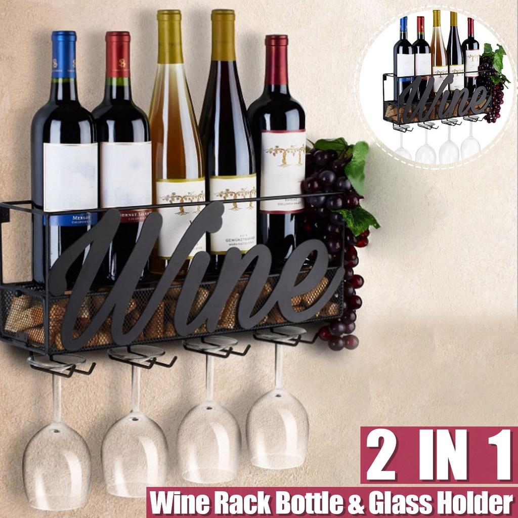 Black Wall Mounted Wine Rack Bottle Store Champagne Shelf With 4 Built-in Wine Glass Holders And Extra Cork Tray 45x13x22cm